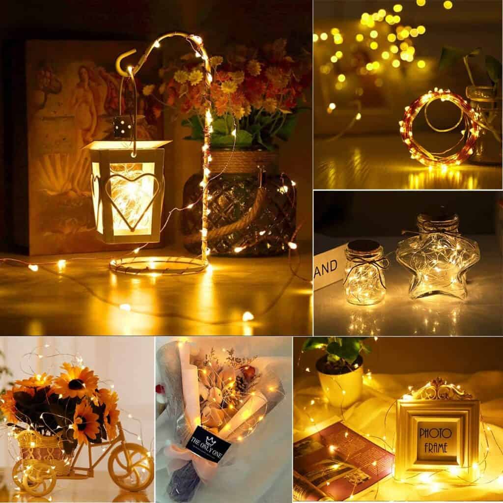 String fairy lights decor, warm ambient lighting, cozy home decoration, decorative lighting for events, stylish warm light accents.