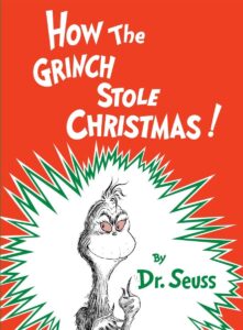 How The Grinch Stole Christmas book cover, Dr. Seuss holiday classic, festive Burbton design, Christmas gift idea.