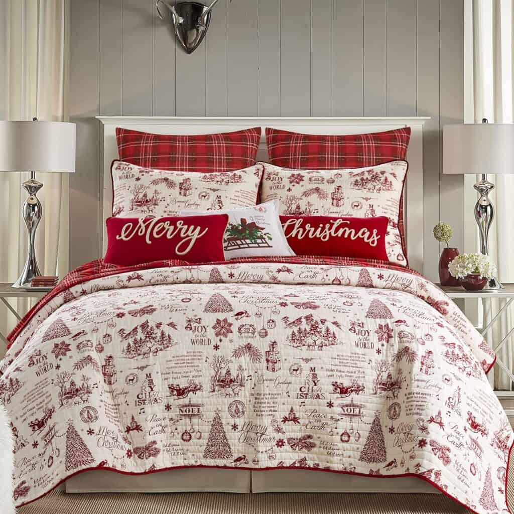 Festive Christmas bedding featuring red plaid and holiday motifs for cozy holiday bedroom decor.