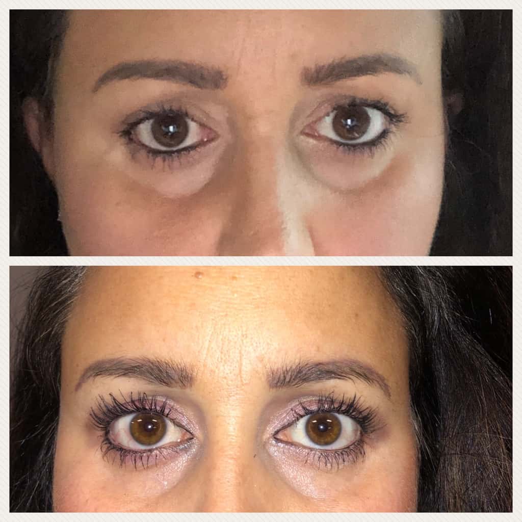 Before and after picture of eyelashes. Before picture of lady top part of head showing her lashes have mascara but do not look long. The second picture is the same lady with curled eyelashes that almost touch her eyebrows from at home lash lift.