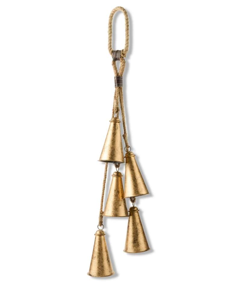 Gold wind chime with rope hanger, decorative outdoor home accent.