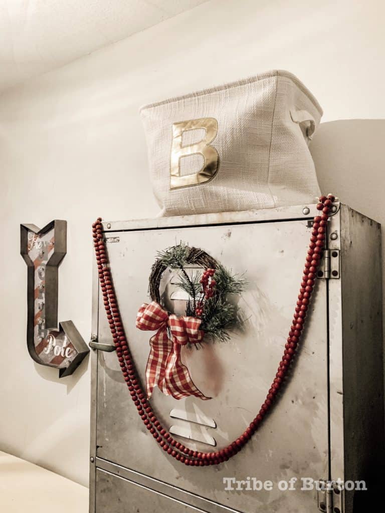 Mudroom lockers decorated for Christmas