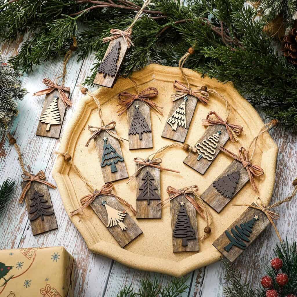 Wooden Christmas tree ornaments with rustic bows, ideal for holiday decor and festive decorations.
