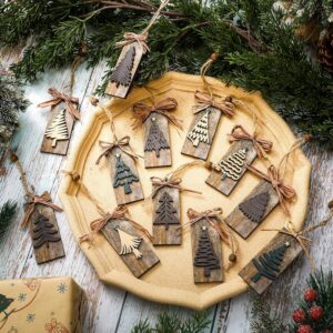 Wooden Christmas tree ornaments with rustic bows, ideal for holiday decor and festive decorations.
