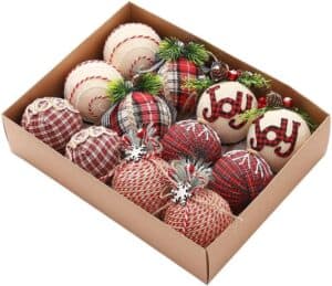 Festive Christmas ornaments in a gift box with plaid and holiday-themed designs, perfect for holiday decorating and home decor.