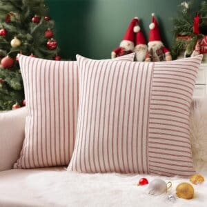 Striped holiday throw pillows for Christmas home decor, cozy and decorative cushions for festive living room styling.