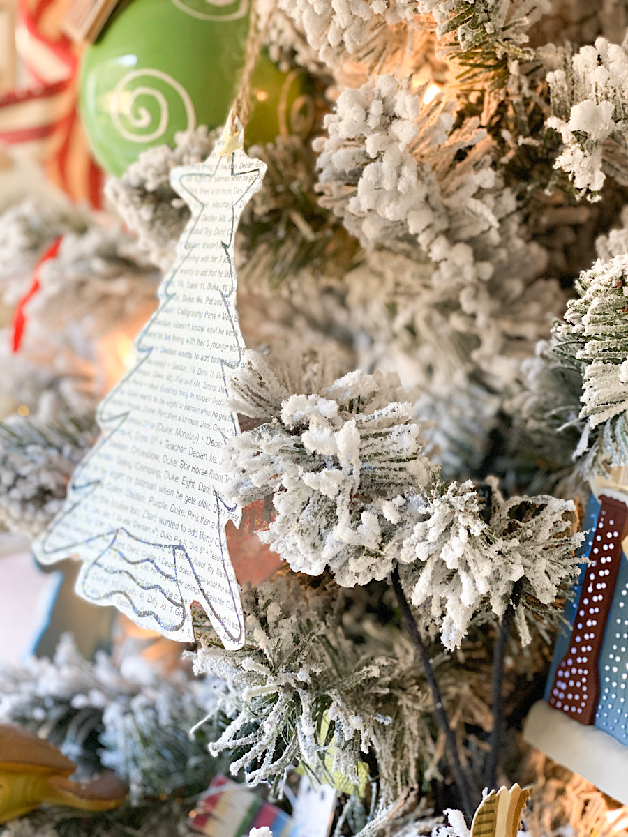 Homemade ornament hung on a Christmas tree.