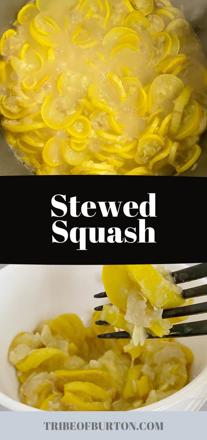 Pinterest pin with squash cooking in the top picture and a bowl of stewed squash in the bottom picture.