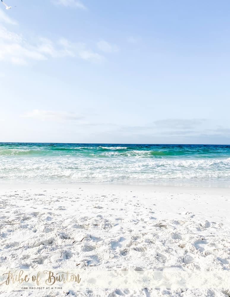 Destin beach in the monring picture of the white sand and green Gulf of Mexico