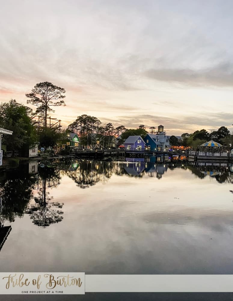 The Village of Baytowne Wharf at sunset looking at the pond