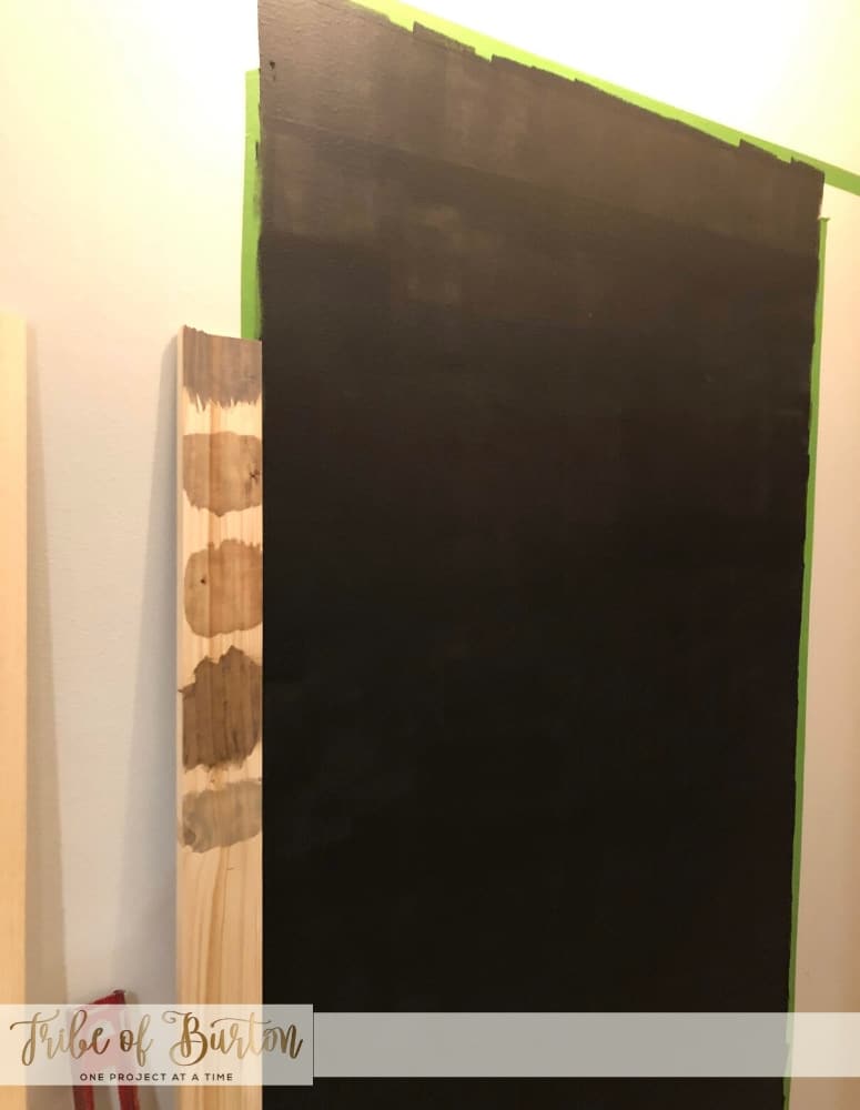 Chalkboard with two coats on the wall. With a piece of board with different color stains