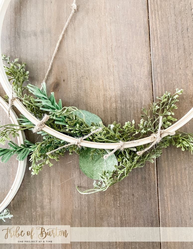 Close up of twine wrapped around hoop wreath