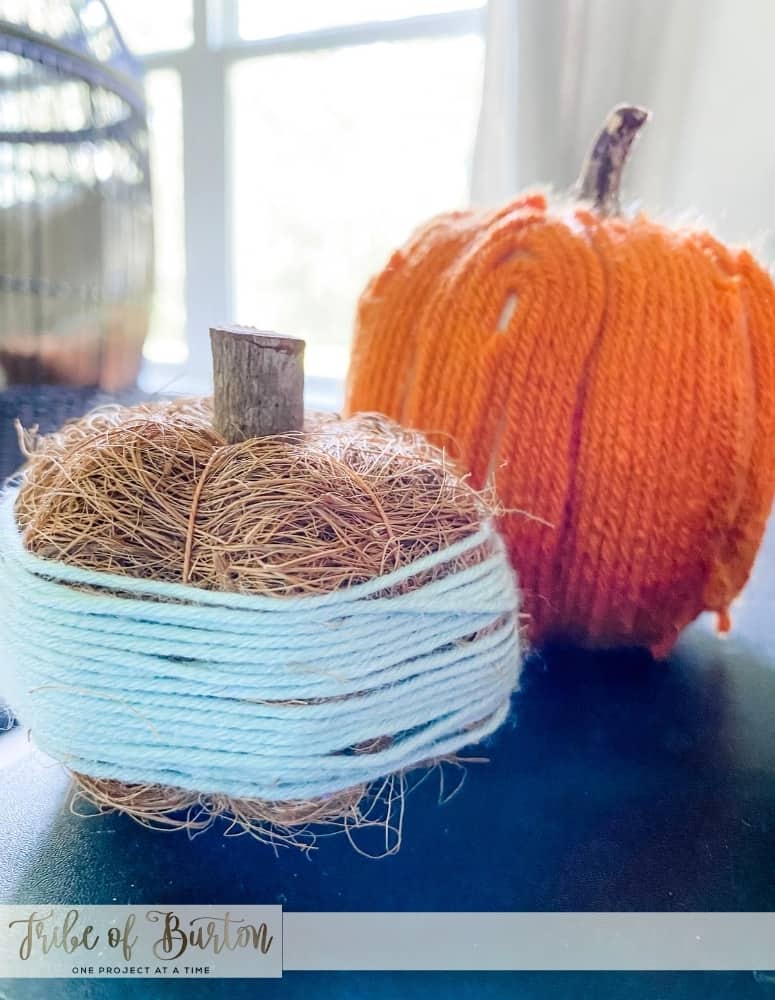 2 Pumpkins twirled with yarn