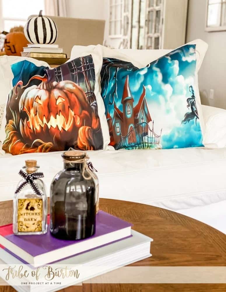 2 halloween pillow cases on white courch