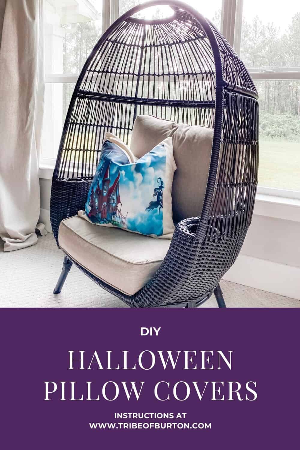 Halloween Pillow Cover in chair in bedroom by window.