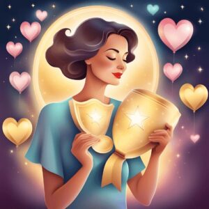 Shiny awards with a woman holding trophies, surrounded by glowing hearts and stars, symbolizing achievement and celebration.