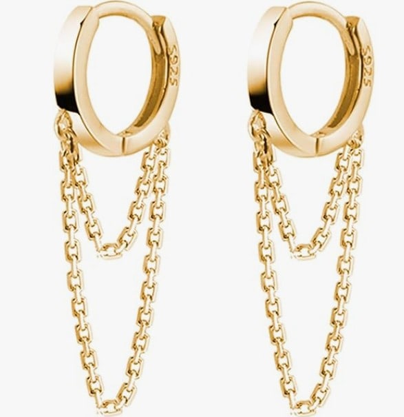 Shiny gold hoop earrings with layered chain details for a trendy, fashionable look.