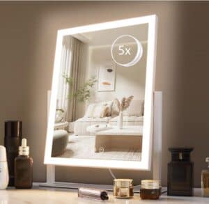 Elegant illuminated vanity mirror with adjustable brightness for skincare and makeup.