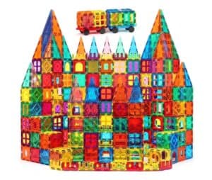 Colorful magnetic building blocks castle for kids, creative STEM toy for foundational learning.