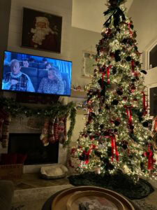 Festive Christmas living room decorated with a beautifully lit Christmas tree, stockings, and holiday ornaments.