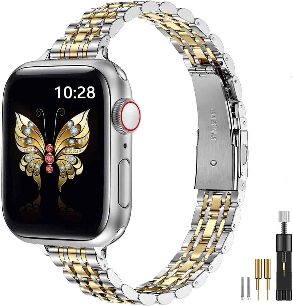 Luxury smartwatch band with gold and silver metal links for Apple Watch customization.